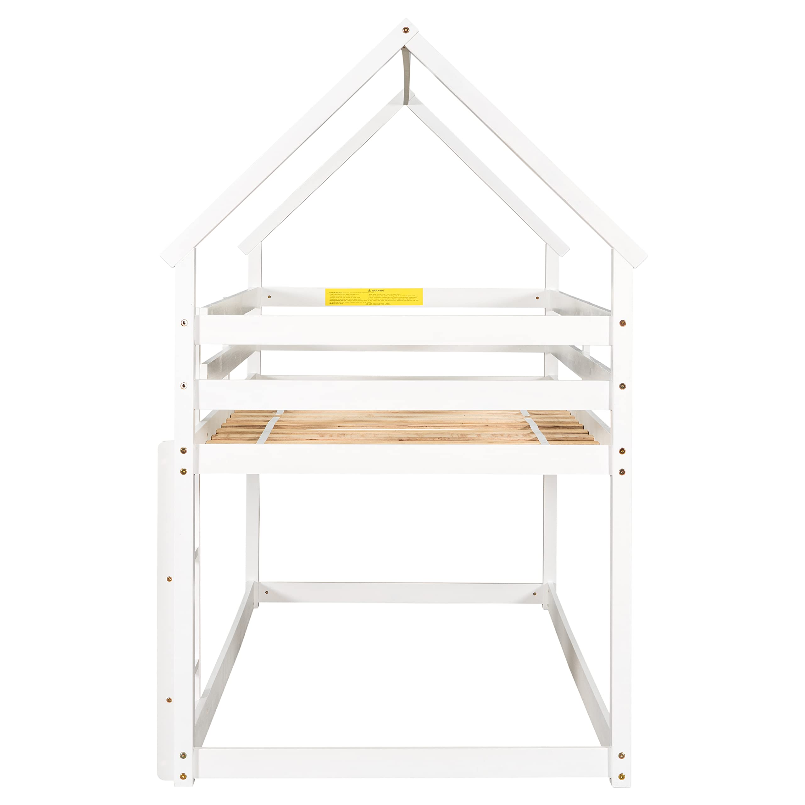 MERITLINE Bunk Bed Twin Over Twin for Kids, Wooden Tree House Bunk Beds with Ladder and Safety Guardrail, Floor Bunk Bed for Toddlers/Girls/Boys, White