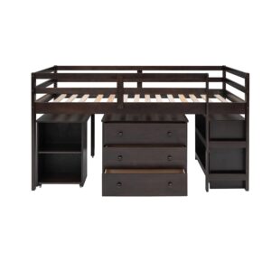 CITYLIGHT Twin Size Loft Bed with Desk, Low Study Twin Loft Bed Frame, with Cabinet and Rolling Portable Desk, Low Twin Loft Bed for Kids and Teens (Espresso)