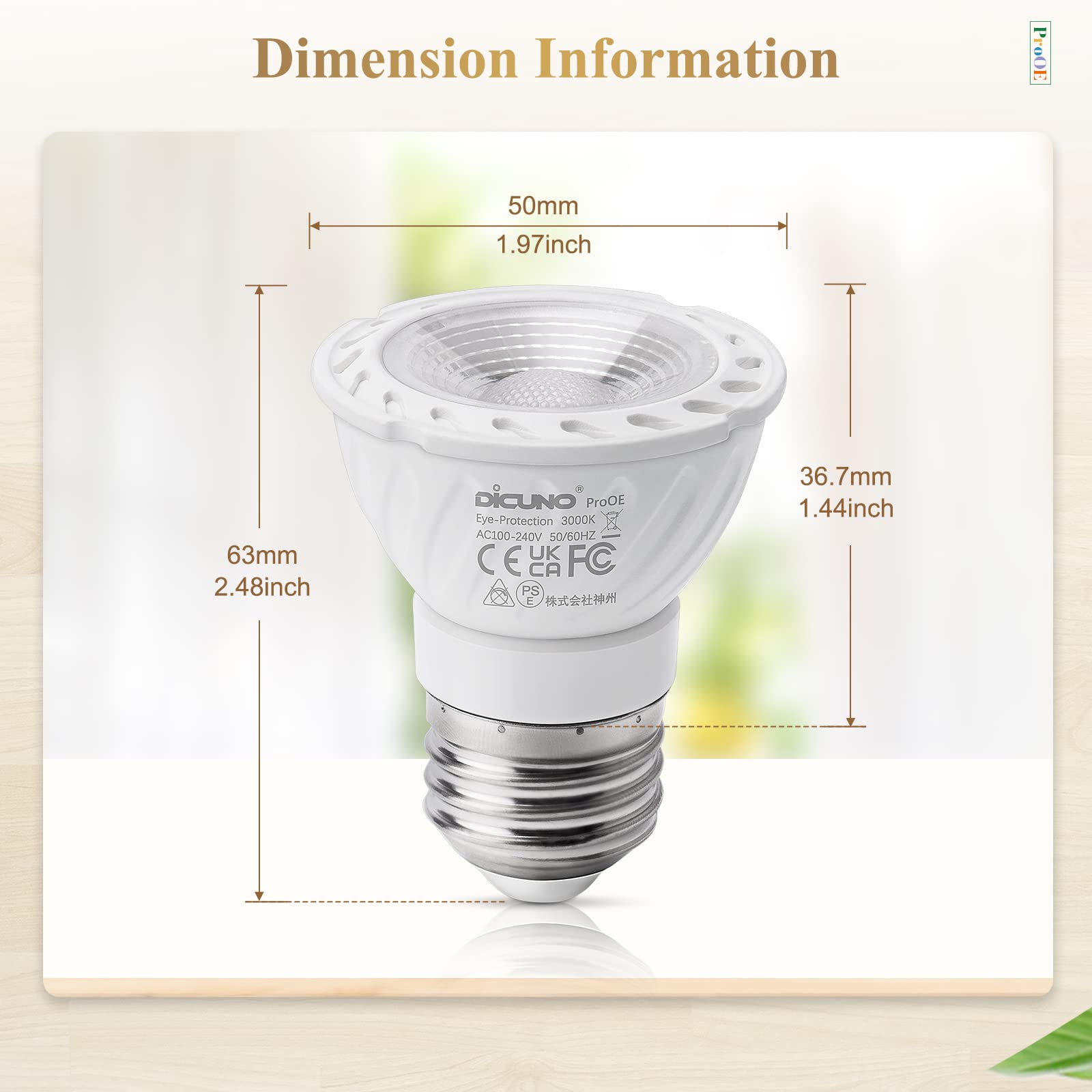 DiCUNO PAR16 LED Bulb 5W, 50W Halogen Equivalent, 3000K Warm White High CRI 98, 100-240V E26 Base Light Bulb 400 Lumens Non-Dimmable Spotlight, 60 Degree Beam Angle, 2 Packs