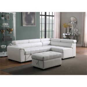 Infini Right Sided Faux Leather Sleeper Sofa with Storage Ottoman in White