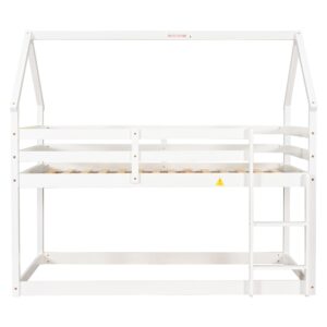 MERITLINE Bunk Bed Twin Over Twin for Kids, Wooden Tree House Bunk Beds with Ladder and Safety Guardrail, Floor Bunk Bed for Toddlers/Girls/Boys, White