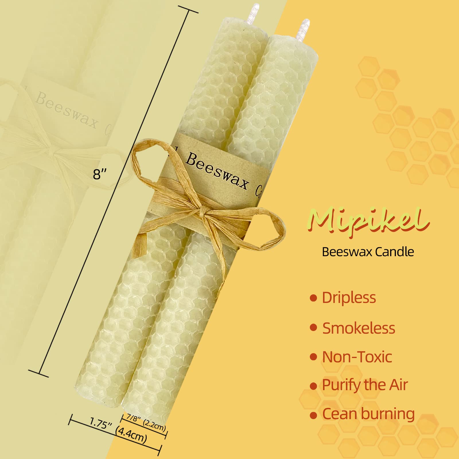 100% Pure Beeswax White Taper Candles 8 Inch 16 Pack, Smokeless Dripless Wax Candles, Handmade Beeswax Candle for Home Gift Ideas, Chrismas Candles, Halloween Candles for Decoration (White-8 Pair)