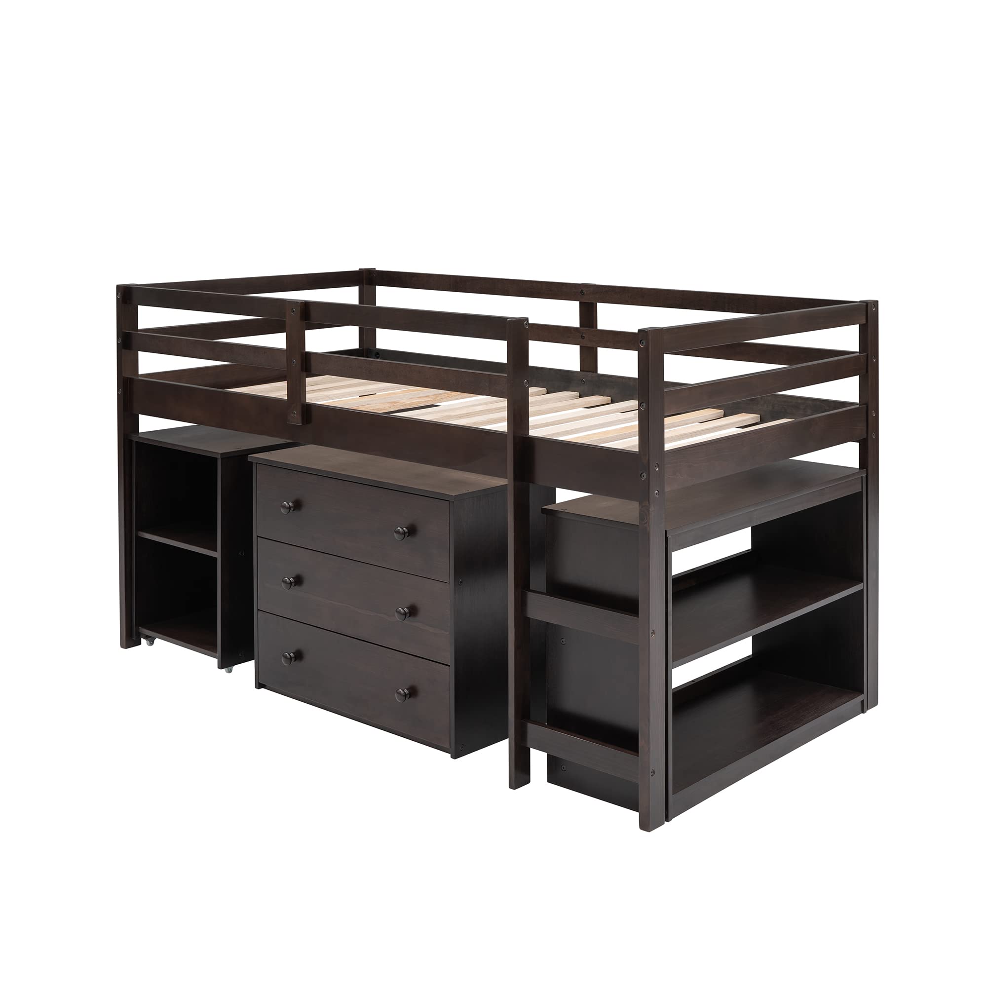 CITYLIGHT Twin Size Loft Bed with Desk, Low Study Twin Loft Bed Frame, with Cabinet and Rolling Portable Desk, Low Twin Loft Bed for Kids and Teens (Espresso)