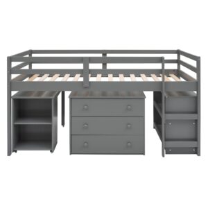 Harper & Bright Designs Low Loft Beds with Desk, Study Twin Size Loft Bed with Storage Cabinet,Wooden Junior Loft Bed Twin for Kids Girls Boys,Gray