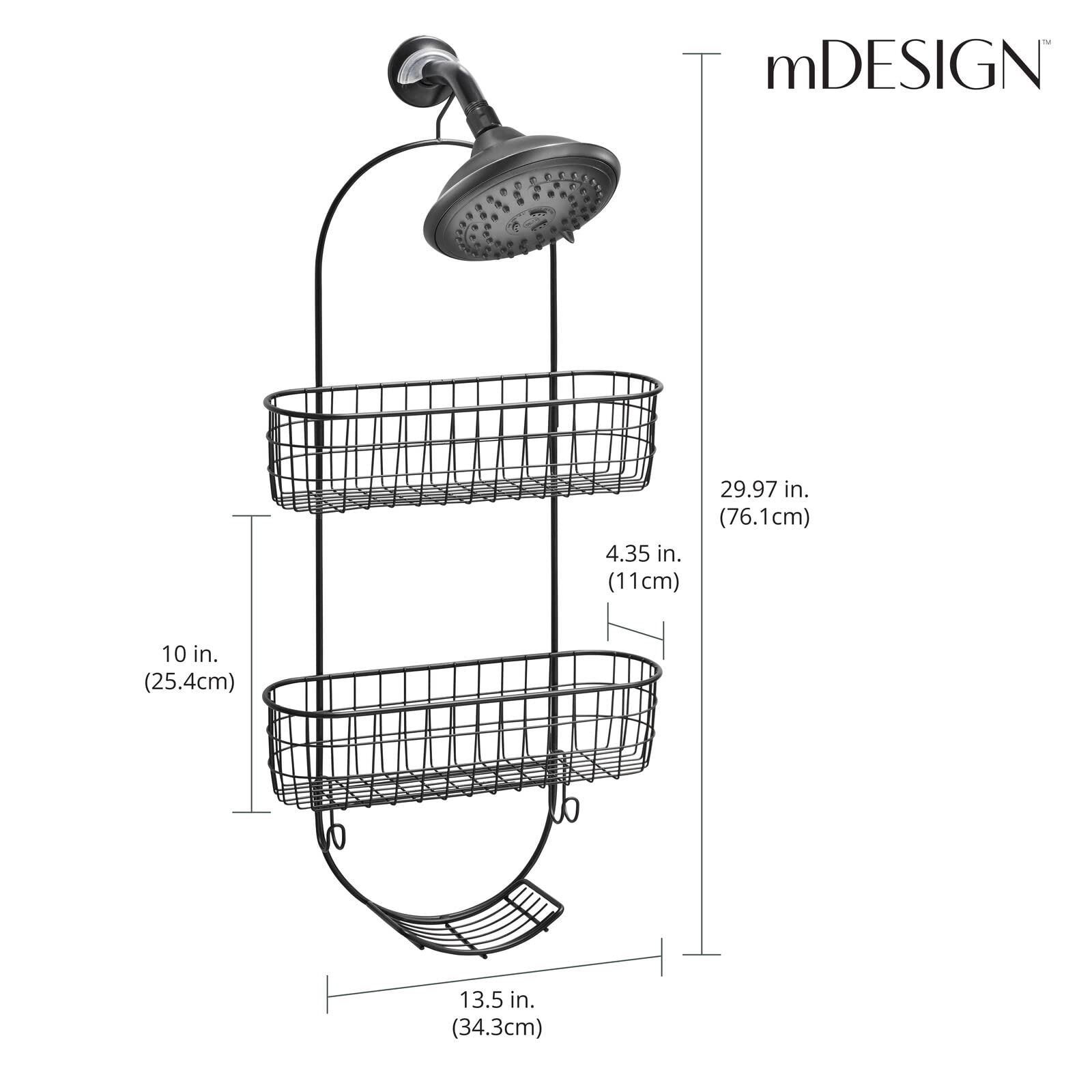 mDesign Steel Metal Curved Bathroom/Shower Caddy, Hanging Storage Organizer for Shampoo and Conditioner Bottles - 2-Tier Rack with Baskets - Holder for Soap, Body Wash, Concerto Collection, Black