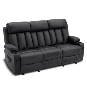 mcombo power reclining sofa with heat and vibration,usb ports, cup holders,3-seat dual recliner sofa for living room 6077(black, reclining sofa)