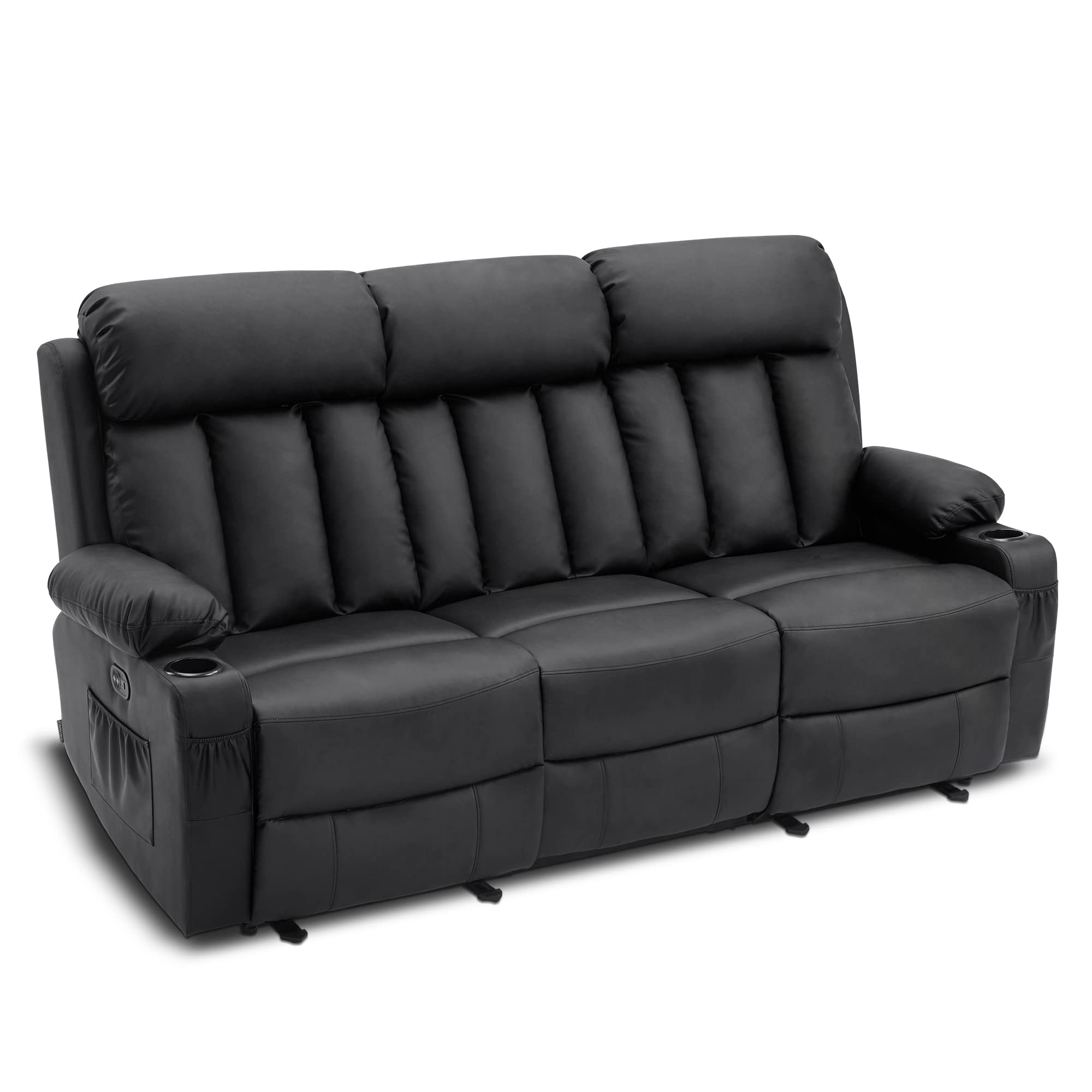 MCombo Power Reclining Sofa with Heat and Vibration,USB Ports, Cup Holders,3-Seat Dual Recliner Sofa for Living Room 6077(Black, Reclining Sofa)