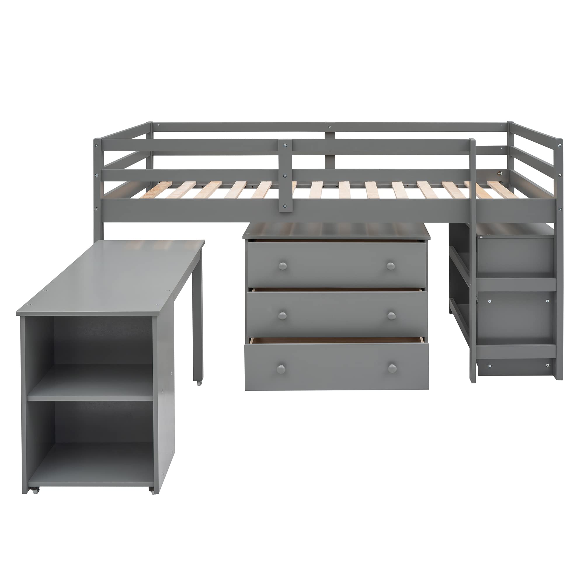 Harper & Bright Designs Low Loft Beds with Desk, Study Twin Size Loft Bed with Storage Cabinet,Wooden Junior Loft Bed Twin for Kids Girls Boys,Gray