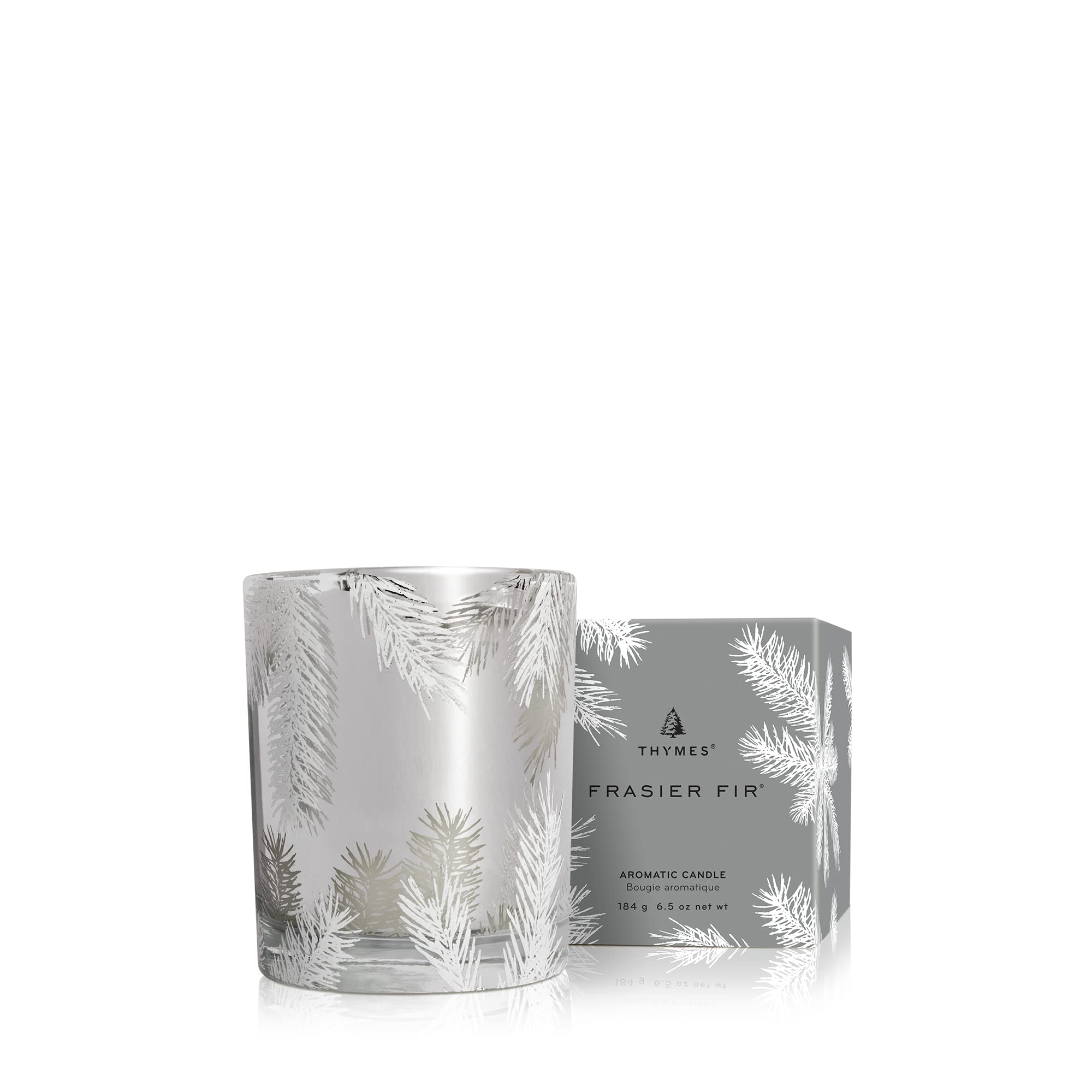 Thymes Frasier Fir Candle – Pine Needle Design – Holiday Candles – Scented Candle – Notes of Crisp Siberian Fir, Cedarwood & Sandalwood – Luxury Home Fragrance – Silver Candle Jar (Statement, 6.5 oz)