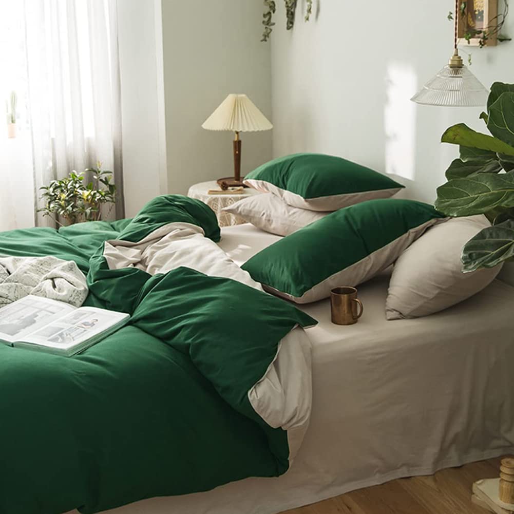 Sedefen Dark Green Duvet Cover Reversible Beige Duvet Cover Queen Size 3 Pieces Soft Microfiber Minimalilst Style Solid Colored Bedding Set with Zipper Ties Home Deco Gift Choice