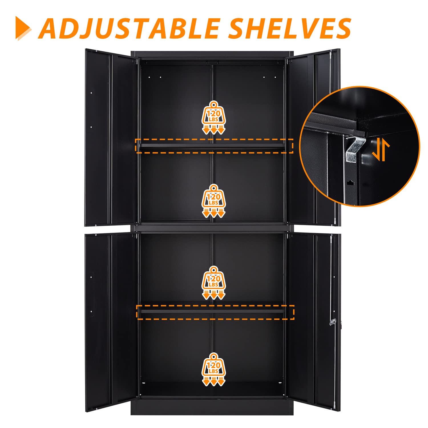 Anxxsu Metal Storage Locking Cabinet, 71" Tall Metal Cabinet with 4 Doors and 2 Adjustable Shelves, Locking Steel Cabinet for Home, School, Office, Gym, Garage Storage (Black)