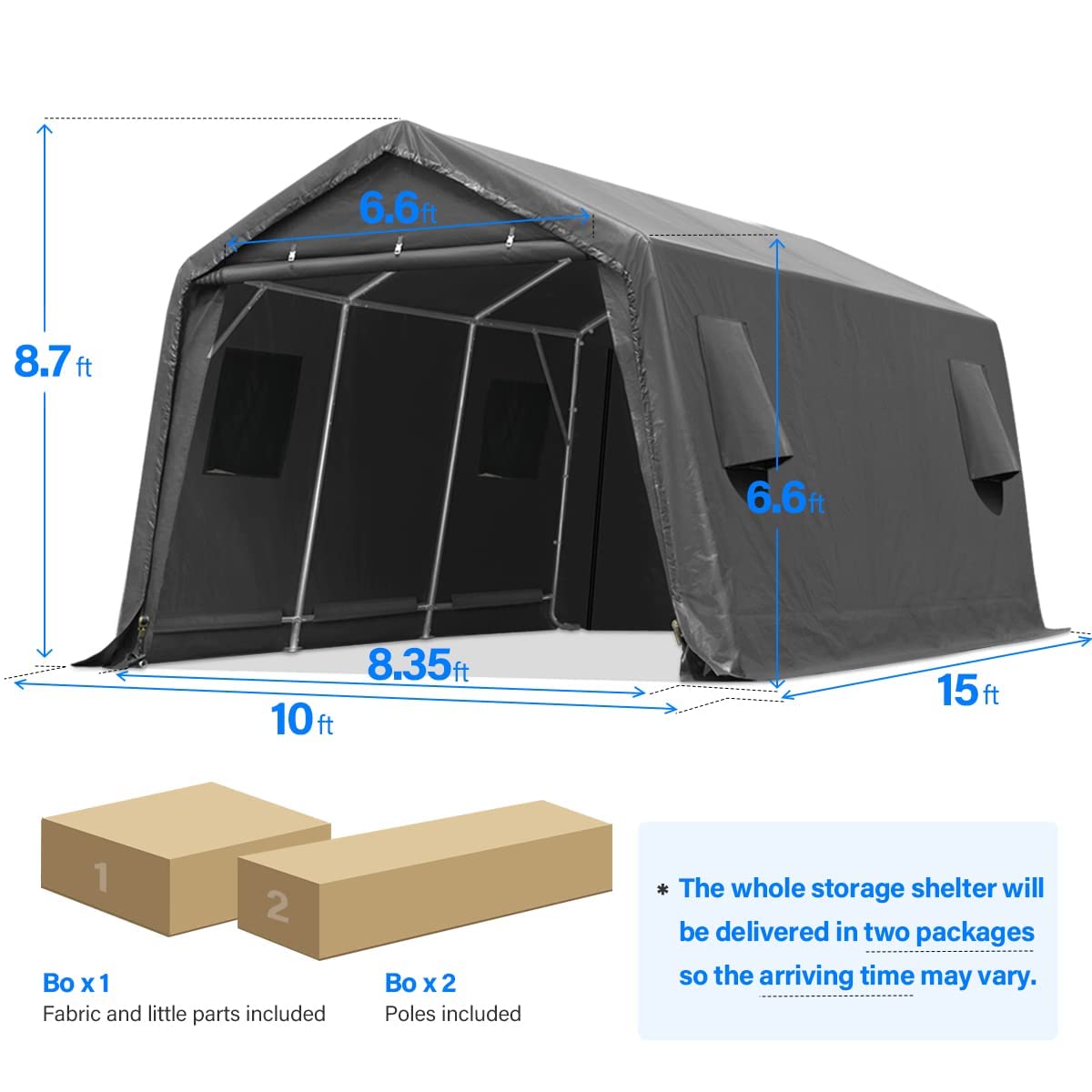 ADVANCE OUTDOOR 10X15 ft Garage Shelter Steel Metal Peak Roof Anti-Snow Portable Storage Shed Carport for Motorcycle Boat, or Garden Tools with 2 Roll up Doors & Vents, Gray