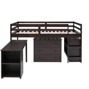 CITYLIGHT Twin Size Loft Bed with Desk, Low Study Twin Loft Bed Frame, with Cabinet and Rolling Portable Desk, Low Twin Loft Bed for Kids and Teens (Espresso)