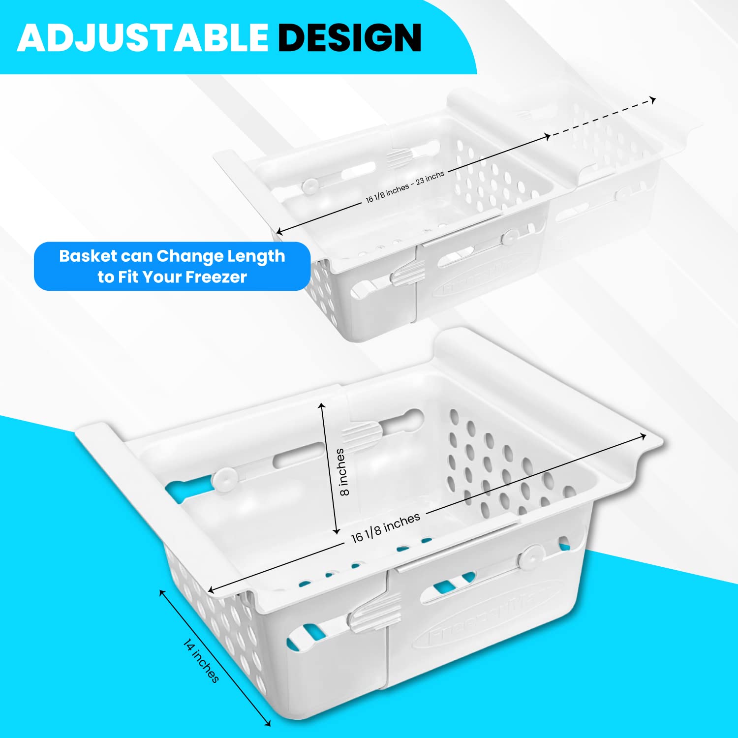 FreezerMax System. Organizer for Freezers 8 to 15 cubic feet. Creates 3 levels of sliding baskets. 8 bins and magnetic organizer. PLEASE MEASURE YOUR FREEZER BEFORE ORDERING.