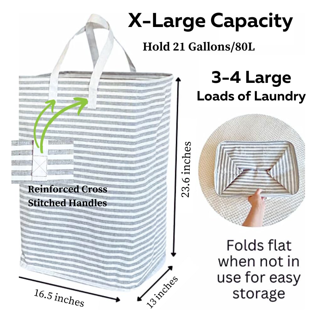 Evelots Large Laundry Hamper - Freestanding and Collapsible - Waterproof - Clothes, Toys Basket with Carry Handles - 80 Liters, 21 Gallon - Up to 4 Large Loads - Solid Wire Top Frame - Gray Striped