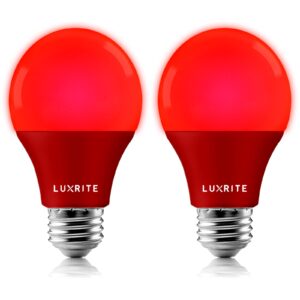 luxrite a19 led red light bulbs, 60w equivalent, non-dimmable, ul listed, e26 standard base, indoor outdoor, porch, christmas, decoration, party, holiday, event, home lighting (2 pack)