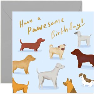 old english co. dog pawesome birthday card - cute doggie gold foil sparkle card | funny pun animal birthday wishes for men and women | blank inside & envelope included