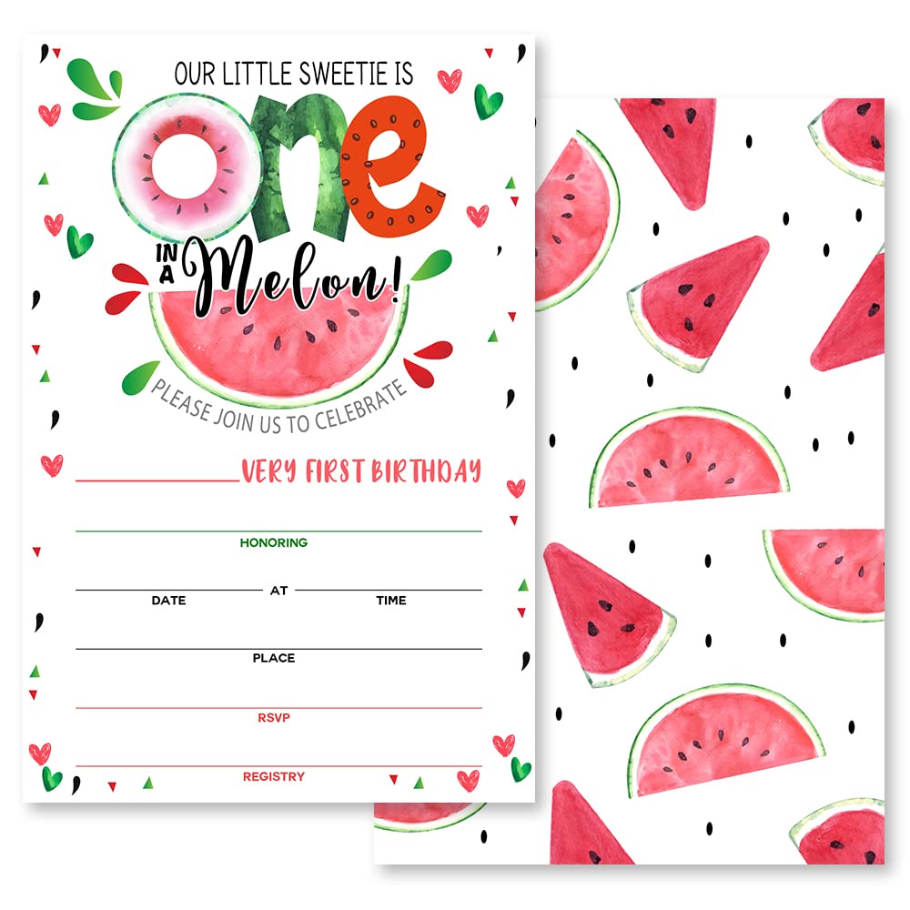 One in a Melon first birthday invitation, 20 Invitations and Envelopes, Melon Birthday party Invitations, Birthday Party Supplies.(051) (2-1)