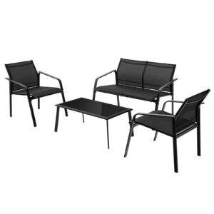 Tangkula 4 Pieces Patio Furniture Set, Outdoor Conversation Set with Tempered Glass Coffee Table, Outdoor Bistro Set with Fabric and Anti-Rust Steel Frame for Garden, Poolside and Backyard (Black)