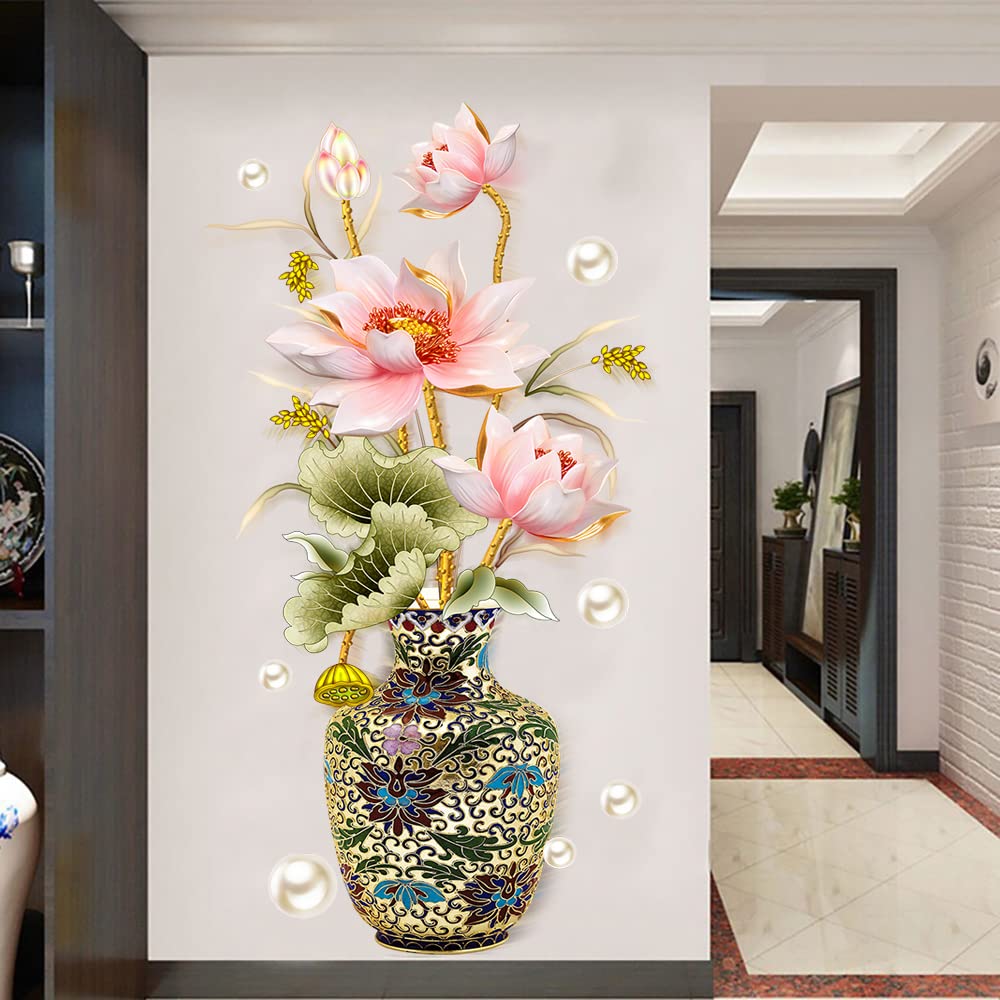 Dechom Chinese Style Lotus Flower Classical Vase Wall Sticker Pearl Living Room Art Wall Decals Home Entrance Backdrop Decoration