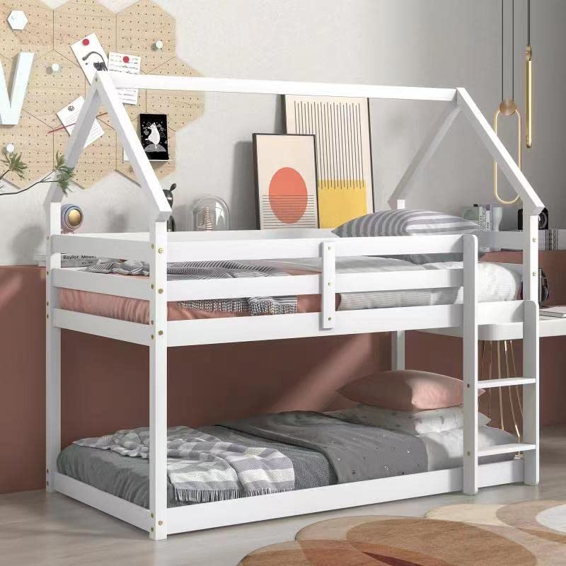 MERITLINE Bunk Bed Twin Over Twin for Kids, Wooden Tree House Bunk Beds with Ladder and Safety Guardrail, Floor Bunk Bed for Toddlers/Girls/Boys, White