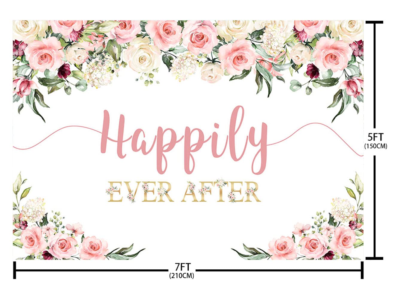 AIBIIN 7x5ft Happily Ever After Backdrop for Wedding Pink Rose Gold Flowers Photography Background Wedding Bridal Shower Party Decorations Banner Photo Booth Props