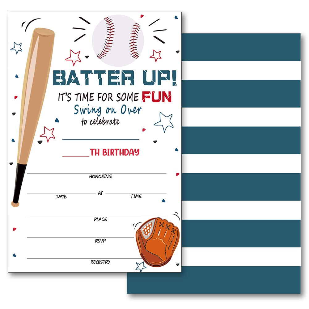 Grace Yonks Baseball Invitation, Baseball Invites, 20 Invitations and Envelopes, Birthday party Invitations, Birthday Party Supplies.(015)