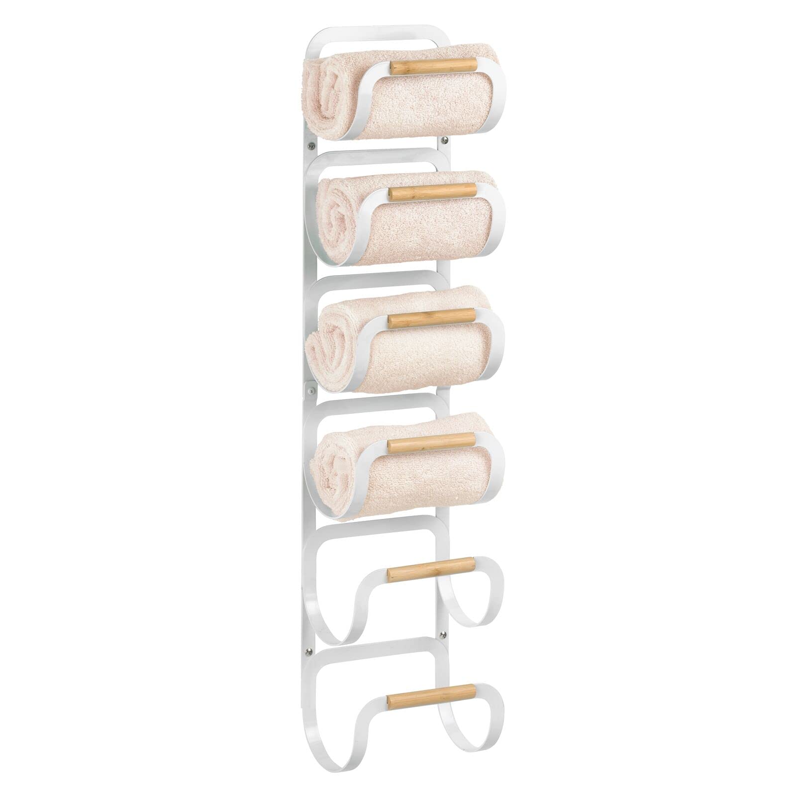 mDesign Wall Mount Towel Storage Rack for Bathroom - 6-Tier Hanging Organizer Mounted Holder Shelf for Multiple Bath Towels or Robes - Steel Metal and Wood - Yami Collection - Matte White/Natural