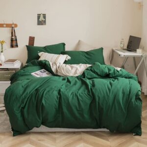 Sedefen Dark Green Duvet Cover Reversible Beige Duvet Cover Queen Size 3 Pieces Soft Microfiber Minimalilst Style Solid Colored Bedding Set with Zipper Ties Home Deco Gift Choice