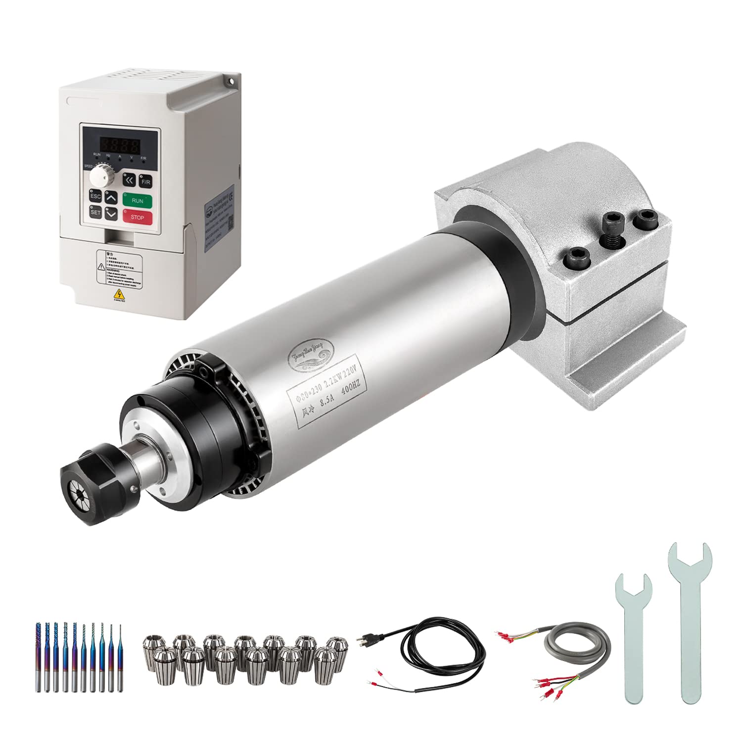 CNC Spindle Motor Kits, 220V 2.2KW Φ80mm Air Cooled Spindle CNC Spindle CNC Motor + 2.2KW VFD+Φ80mm Clamp Mount + Collet kit ER20+ Drill bits+ Wires for CNC Router Machine