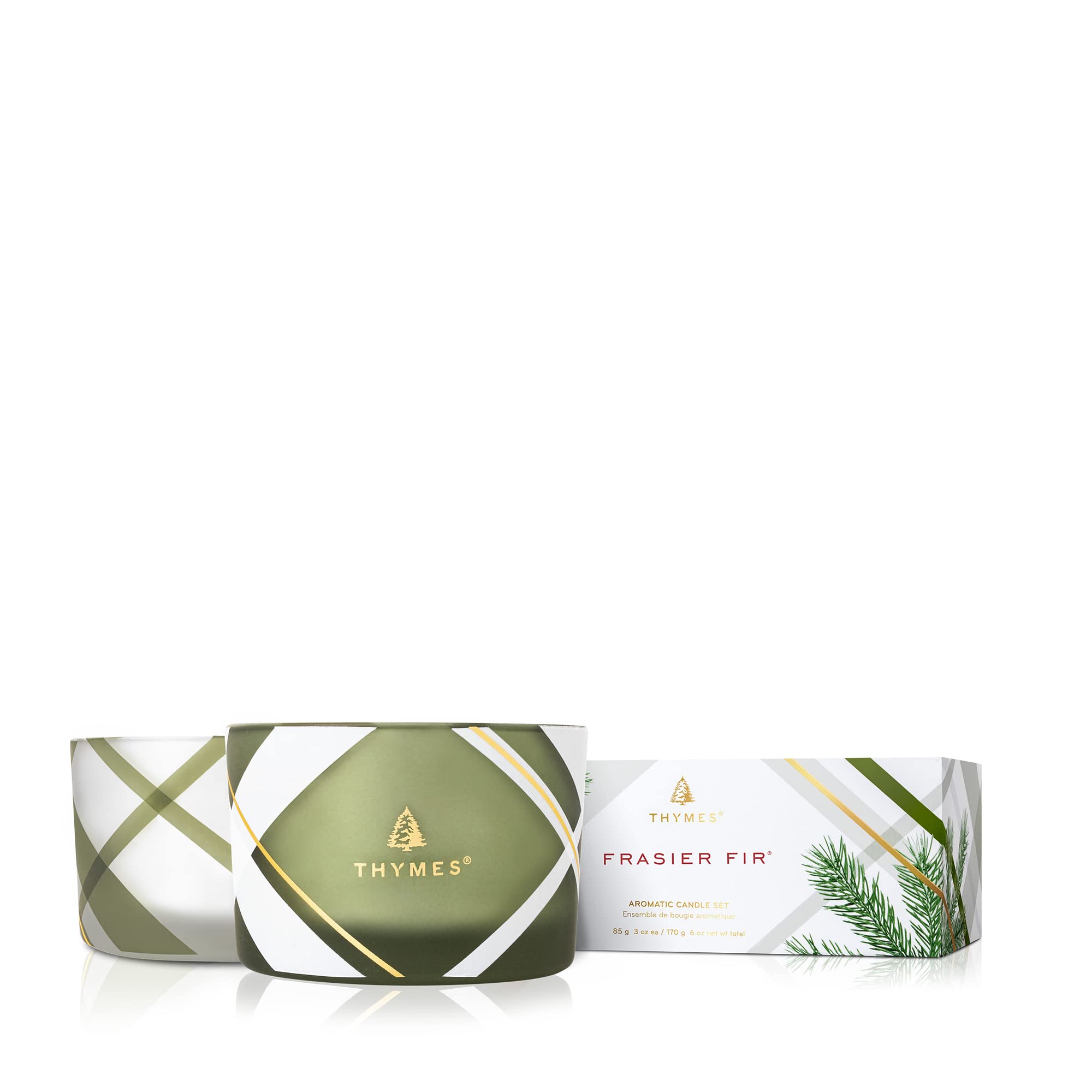 Thymes Frosted Plaid Frasier Fir Candle Set – Scented Candle Set with Notes of Crisp Siberian Fir, Cedarwood and Sandalwood – Luxury Home Fragrance - 3 Oz (2 Pack)