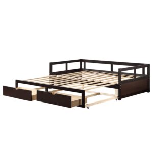 Extendable Daybed with Trundle Bed and Two Storage Drawers, Wooden Storage Daybed, Twin to King Design Extending Bed for Kids Teens Adult, No Box Spring Required (Espresso)