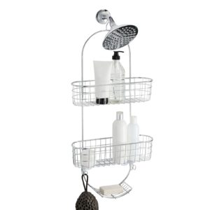 mdesign steel metal curved bathroom/shower caddy, hanging storage organizer for shampoo and conditioner bottles - 2-tier rack with baskets - holder for soap, body wash, concerto collection, chrome