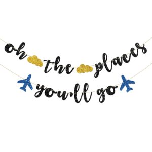 innoru oh the places you'll go banner - travel theme farewell party bunting decor - bon voyage - birthday anniversary graduation baby shower party decorations, black glitter