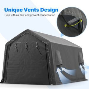 ADVANCE OUTDOOR 10X15 ft Garage Shelter Steel Metal Peak Roof Anti-Snow Portable Storage Shed Carport for Motorcycle Boat, or Garden Tools with 2 Roll up Doors & Vents, Gray