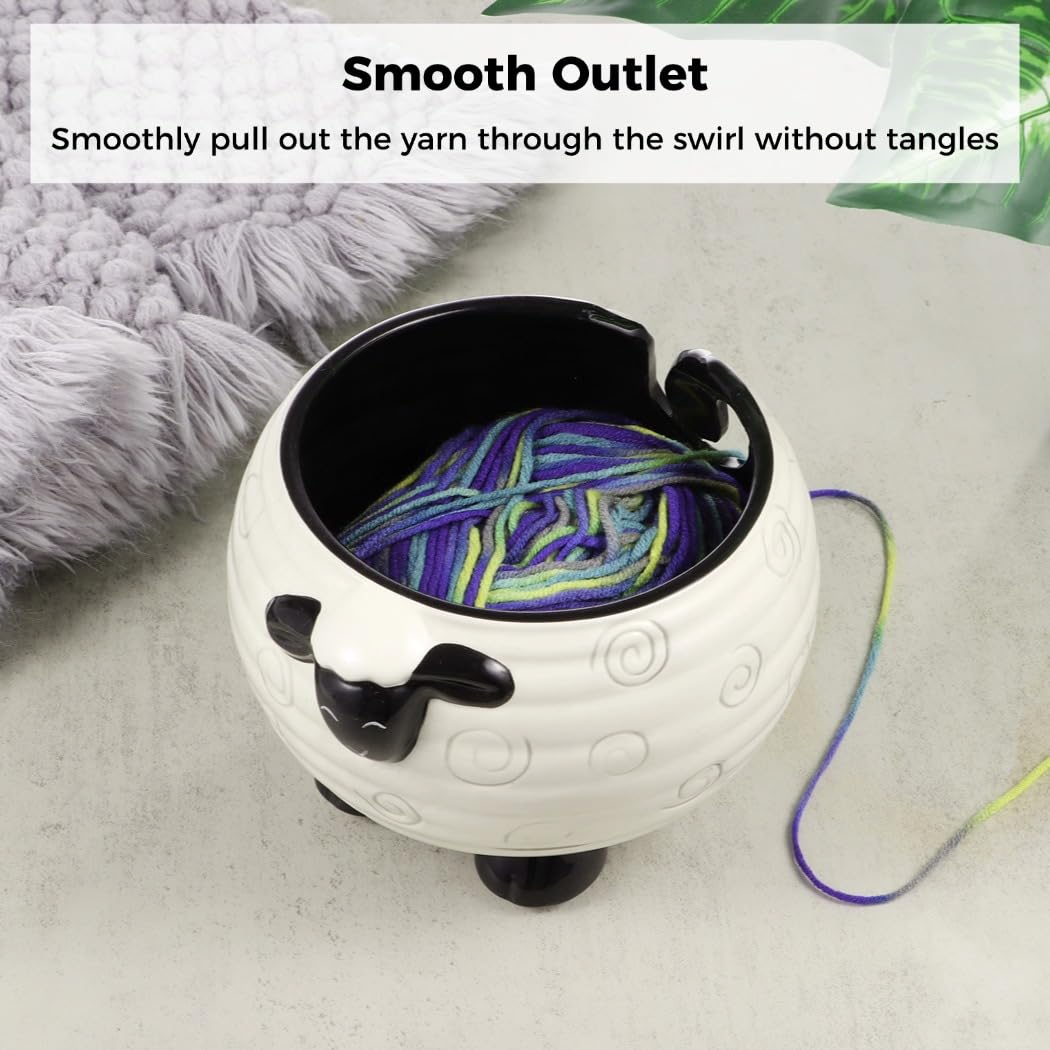 Yarn Bowl for Crochet, Ceramic Sheep Yarn Bowl with Smooth Spiral Outlet for Tangle-Free Knitting, Lovely Sheep Crochet Yarn Holder for Needlecraft & Decoration