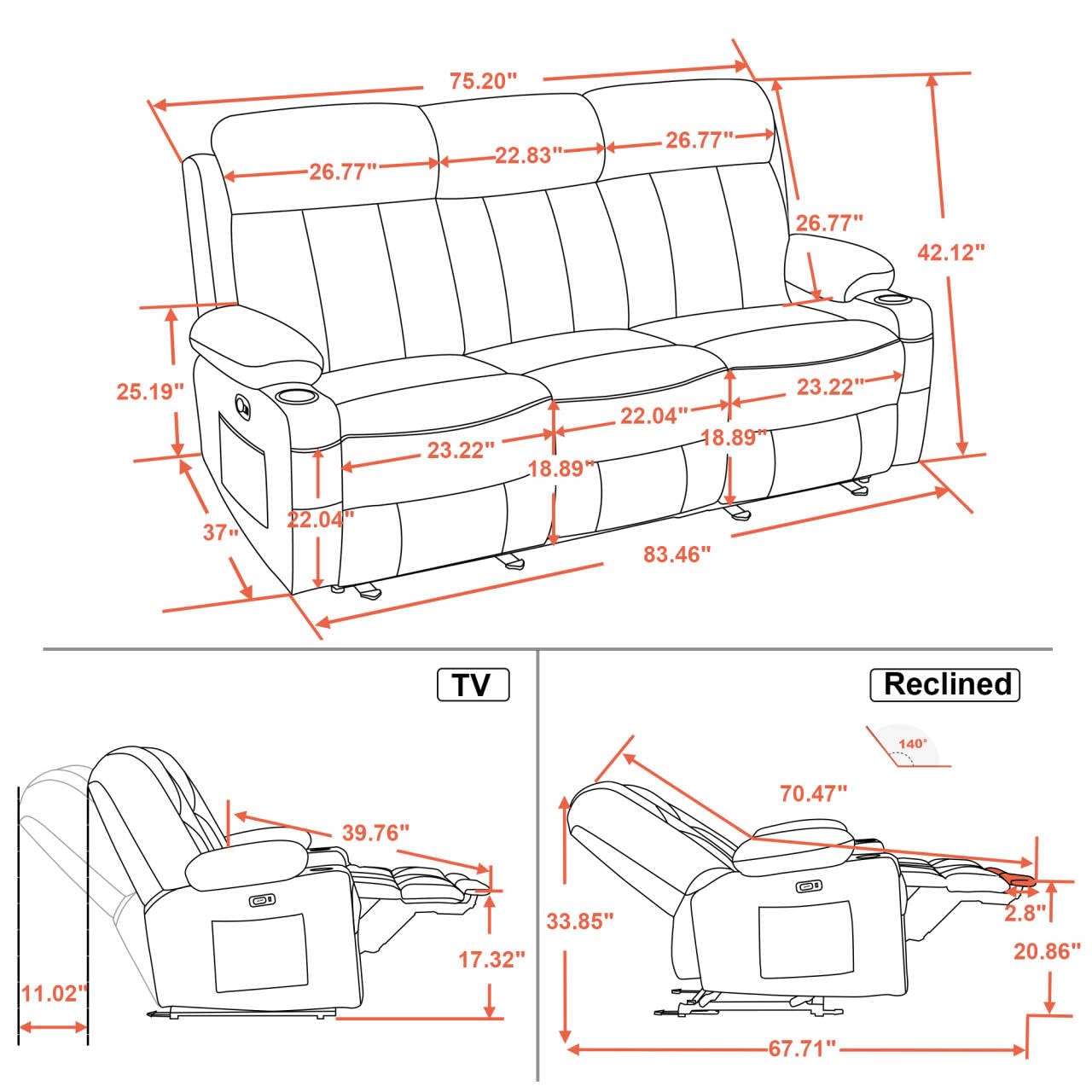 MCombo Power Reclining Sofa with Heat and Vibration,USB Ports, Cup Holders,3-Seat Dual Recliner Sofa for Living Room 6077(Black, Reclining Sofa)