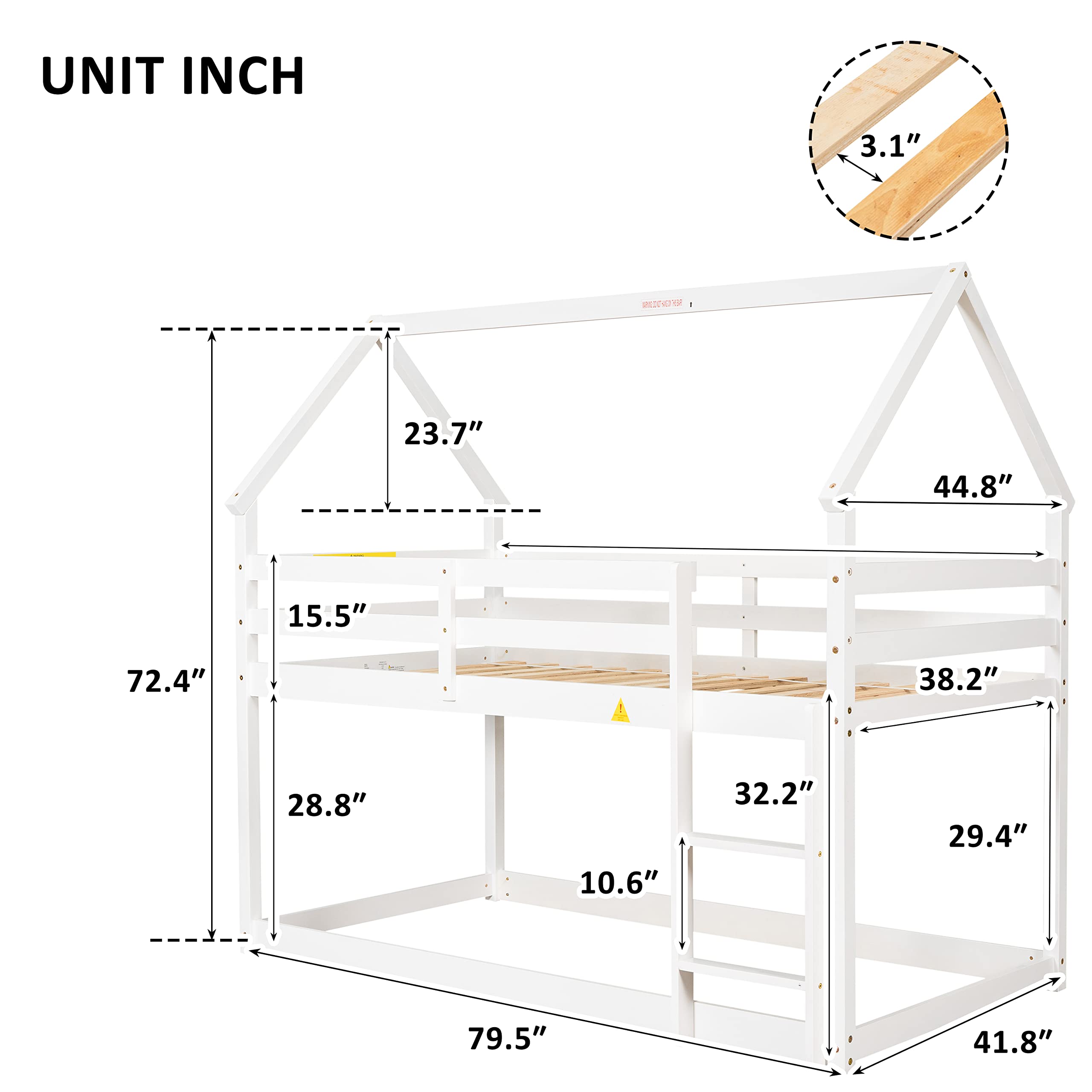 MERITLINE Bunk Bed Twin Over Twin for Kids, Wooden Tree House Bunk Beds with Ladder and Safety Guardrail, Floor Bunk Bed for Toddlers/Girls/Boys, White