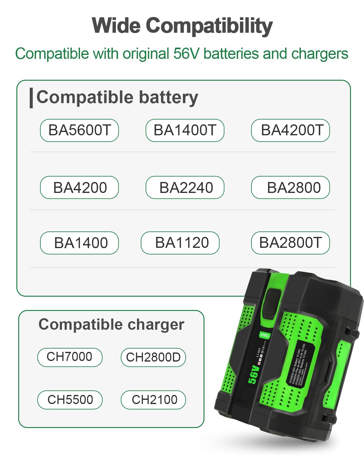 Aoasur 10.0Ah Battery Replacement for EGO 56V Battery （10.0AH-Green）