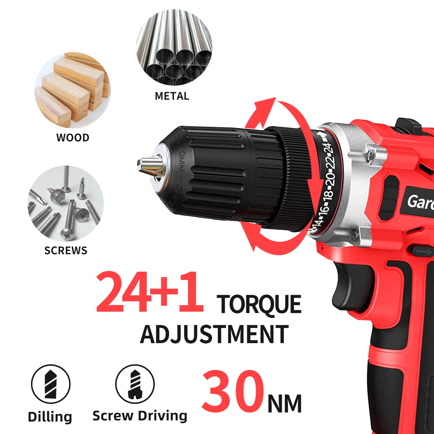 GardenJoy Cordless Power Drill Set: 21V Electric Drill with Fast Charger 3/8-Inch Keyless Chuck 2 Variable Speed 24+1 Torque Setting and 30pcs Drill/Driver Bits with Power Tool Bag