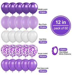 Purple Balloons Set, 60PCS Purple White Birthday Balloons, Metallic Purple Confetti Balloons Pearl Purple Latex Balloons Helium Wedding Party Balloons for Birthday Bridal Shower Baby Shower Supplies