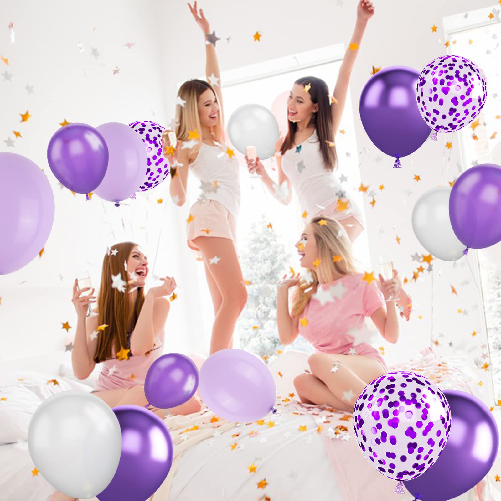 Purple Balloons Set, 60PCS Purple White Birthday Balloons, Metallic Purple Confetti Balloons Pearl Purple Latex Balloons Helium Wedding Party Balloons for Birthday Bridal Shower Baby Shower Supplies