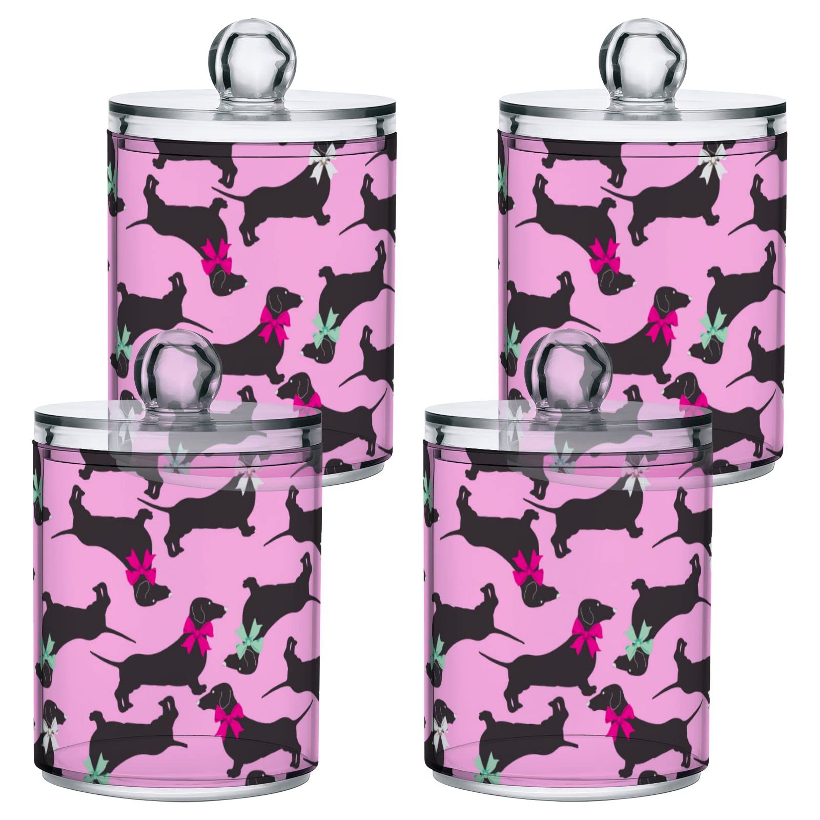 4 Pack Plastic Cotton Swab Ball Pad Holder Dogs Dachshunds Pink Jars Bathroom Storage Organizer Vanity Canister Jar Glass with Lid for Cotton Swabs,Rounds,Bath Salts,Makeup Sponges,Hair Accessories