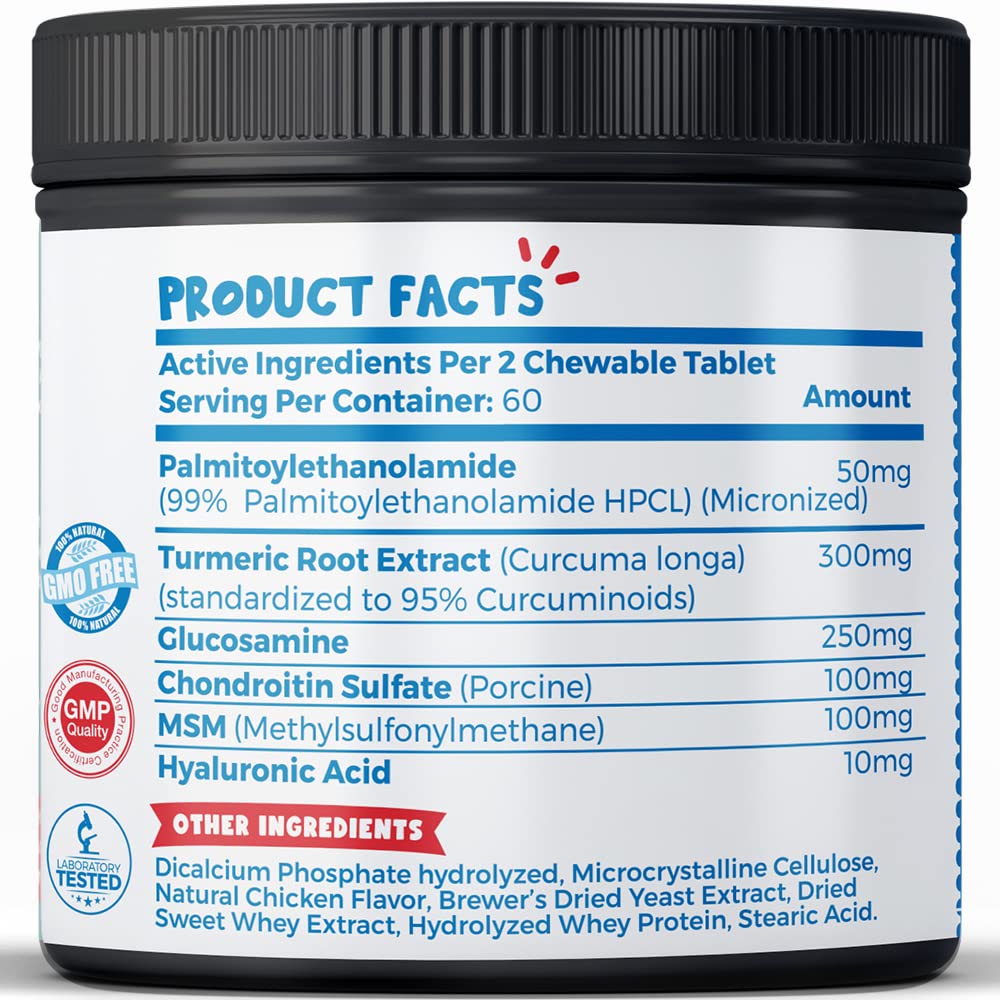 PET LOL Turmeric Curcumin for Dogs + Palmitoylethanolamide Micronized Pea 99%: 6-in-1 Hip & Joint Health with Glucosamine, Chondroitin, MSM & Hyaluronic Acid - Pet Antioxidant & Anti-Inflammatory