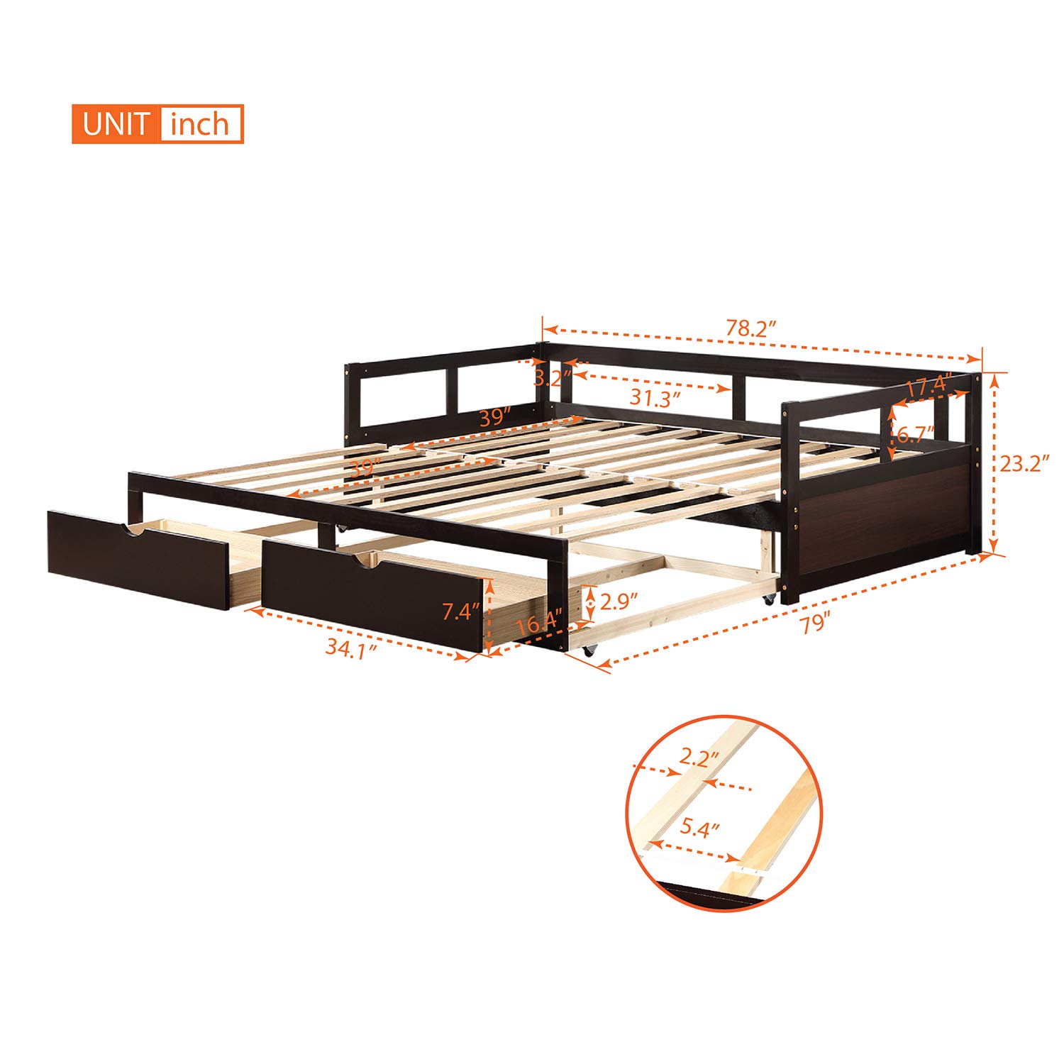 Extendable Daybed with Trundle Bed and Two Storage Drawers, Wooden Storage Daybed, Twin to King Design Extending Bed for Kids Teens Adult, No Box Spring Required (Espresso)