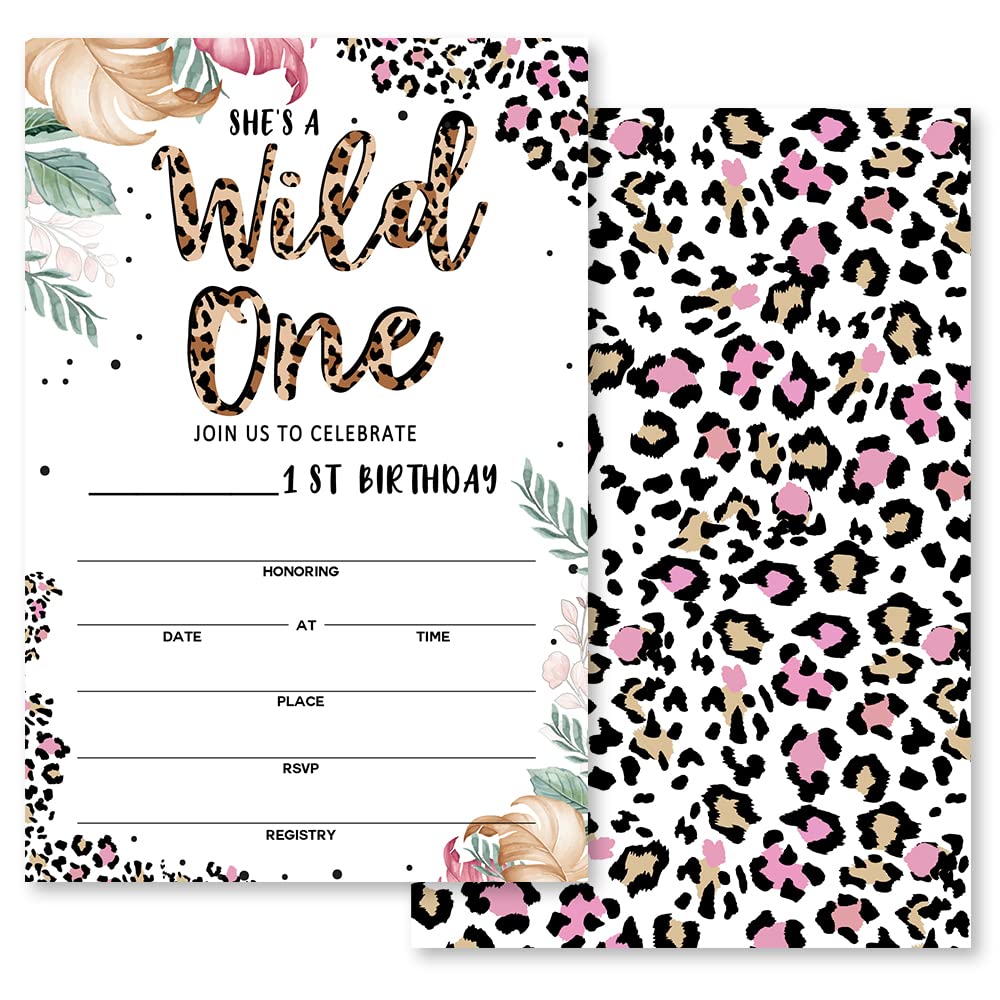 Grace Yonks Wild One Leopard Print Jungle 1st Birthday Party Invitation, 20 Invitations and Envelopes, Birthday party Invitations, Birthday Party Supplies.(034)