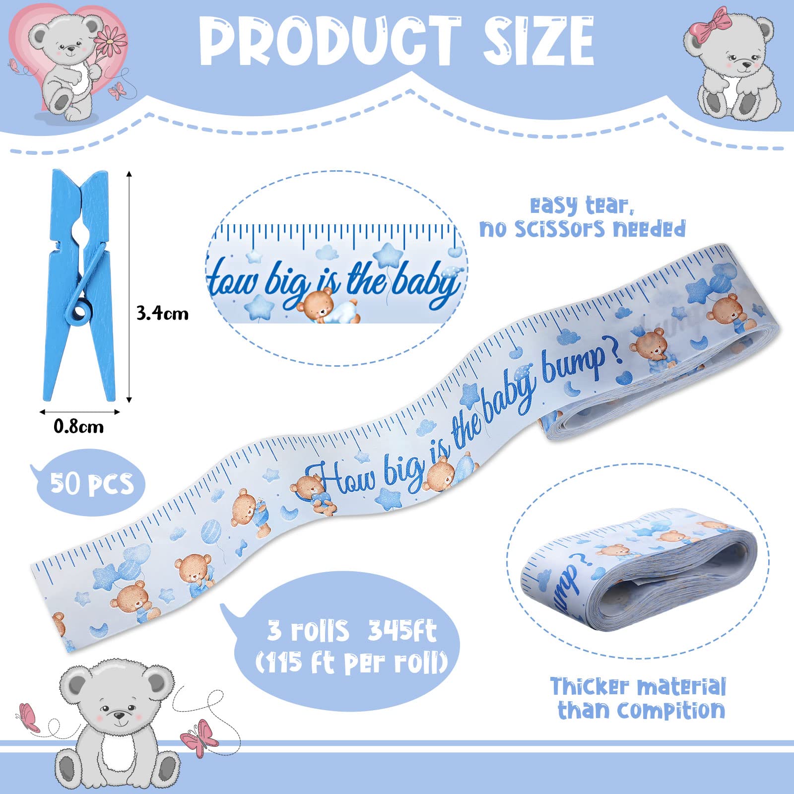 3 Rolls Baby Shower Measure Belly Game Baby Shower Games How Big Is Baby Bump Belly Measuring Tape for Gender Reveal Games Party Supplies, 2 Inch x 115 Ft (Blue Bear Style)