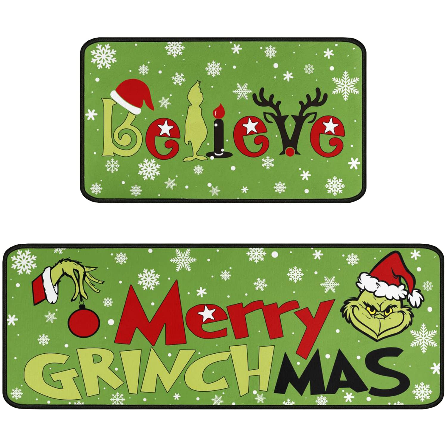 Faptoena Merry Grinchmas Christmas Kitchen Rugs and Mats Set of 2,Christmas Kitchen Decoration,Non Slip Absorbent Kitchen Mat Waterproof Runner Rug for Laundry Room and Sink