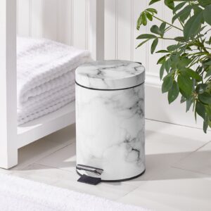 mDesign Extra Small Modern 3-Liter/.7 Gallon Round Metal Lidded Step Trash Can, Compact Garbage Bin with Removable Liner Bucket and Handle for Bathroom, Kitchen, Office, Garage - White Marble Print