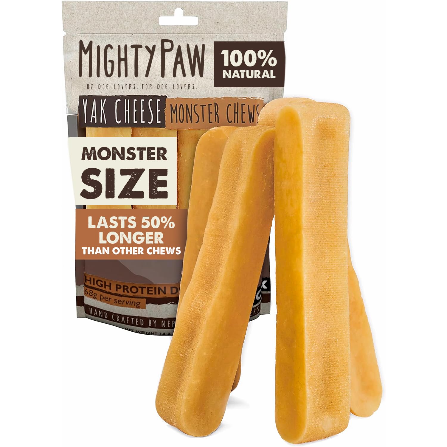 Mighty Paw Yak Cheese Dog Chews, 5oz, Natural Yak Chews for Dogs, Long-Lasting Yak Chew Treats, Odorless, Supports Oral Health, Monster Size, 4 Pack